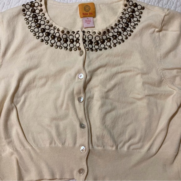 Ruby Rd Cream Cardigan with Embellished Neckline | Size XL | Elbow-length sleeve - Picture 6 of 8